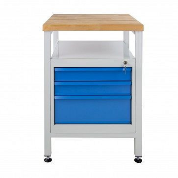 ADB smalle werkbank 3 laden en legbord, afmetingen BxDxH: 600x600x840 mm, kleur werktafel: grijs, RAL 7035, kleur lade/deur: blauw, RAL 5012, 41938