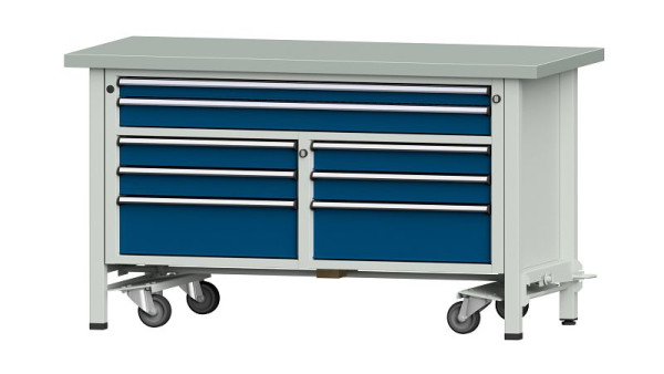 ANKE werkbanken box werkbank, model 259 V, 1500 x 700 x 840 mm, RAL 7035/5010, ZBP 40 mm, met neerlaatbaar verrijdbaar apparaat, 304.230