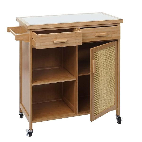 Mendler serveerwagen HWC-K11, keukentrolley bartrolley trolley, handgreep lade werkblad 85x84x36cm bamboe, bruin, 86670