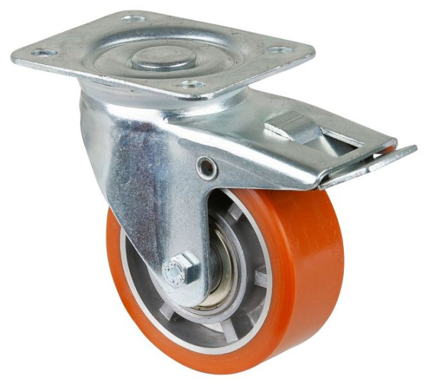 BS rollen transportrol met rem, breedte 40 mm, Ø100 mm, tot 200 kg, gegoten polyurethaan loopvlak, aluminium behuizing, kogellagers, LB520.B90.100