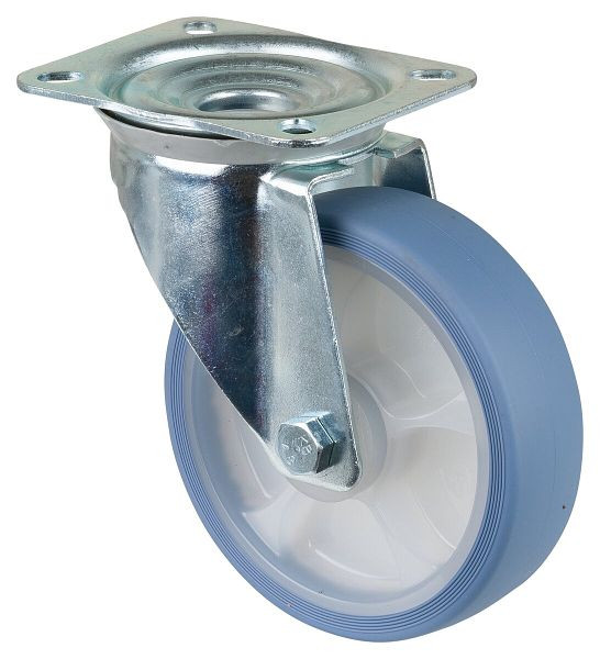 BS rollen transportwiel zwenkwiel, thermoplastisch rubberen wiel, lichtblauwe band, rollager, plaat, diameter: 160 mm, verpakking: 2 stuks, L400.B44.161.05