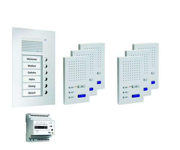 TCS deurbedieningssysteem audio: pack UP voor 6 wooneenheden, met buitenstation PUK 6 belknoppen, 6x handsfree luidspreker ISW3030, bedieningseenheid BVS20, PPUF06-EN / 02