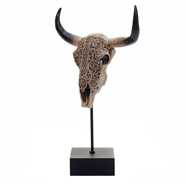Mendler decoratieve staande figuur koeienschedel HWC-D30, stierenkop stier dierenkop koeienkop trofee met trival, polyresin 47x30x12cm, 62699