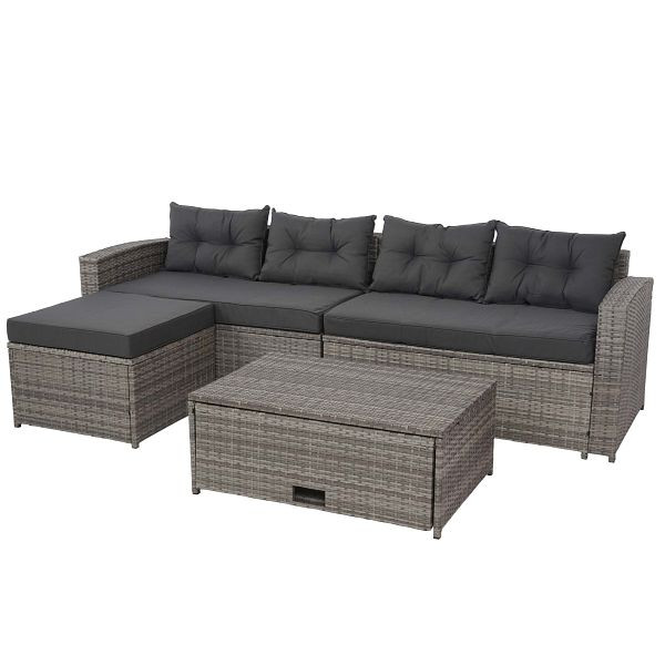 Mendler poly rotan set HWC-J34, balkon-/tuin-/loungeset, bank, opbergvak, grijs, kussens donkergrijs, 77087+77088+77089