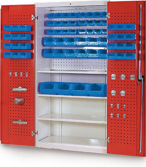 Bedrunka + Hirth multifunctionele kast, R 36-16, 2x vleugeldeuren met geperforeerde wand, 1x geperforeerde wand, 3x legplank, afmetingen in mm (BxDxH): 980 x 400 x 1838, 04.118.026