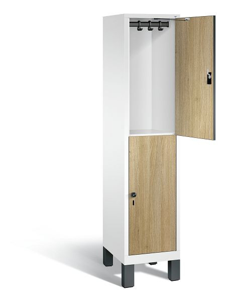 C+P locker 2-laags Evolo, H1850xB420xD500mm, kleur: verkeerswit / decor eiken Sereno, 48310-12 S10098