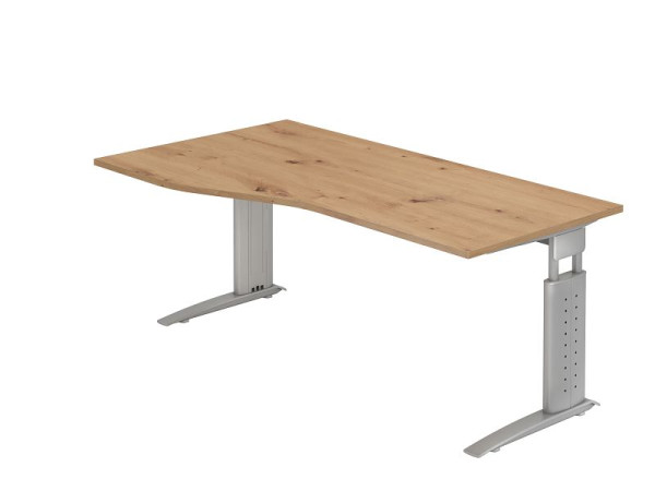 Hammerbacher bureau US18, 180 x 100/80cm, blad: knoestig eiken, 25 mm dik, C-poot frame in zilvergrijs, werkhoogte 68-86 cm, VUS18/R/S