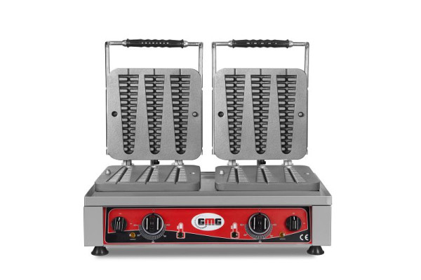 GMG Wafelijzer Wafel, 6x (23 x 6 x 2,4 cm), 50° tot 300°C gietijzeren bakplaat, rondom vetvanger, RVS behuizing, KGW-23