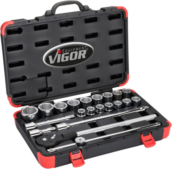 VIGOR dopsleutelset, hol vierkant 20 mm (3/4 inch), buitenzeskantprofiel, 19 - 50, aantal gereedschappen: 21, V2318N