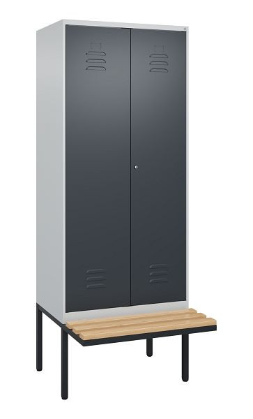 C+P Umkleidespind Classic PLUS SW, 2 Abteile, 2120x800x815mm, 7035/7016, Zylinderschloss, Buche-Sitzleisten, 0800427-22 S10052