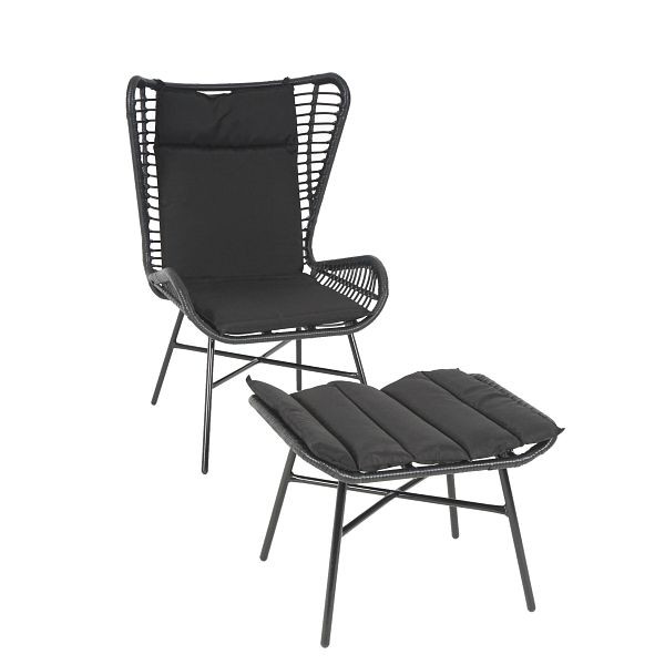 Mendler poly rotan set HWC-G17b, balkonset, tuinset, zitgroep, stoel + kruk, fauteuil, touw, antraciet, kussens antraciet, 76318