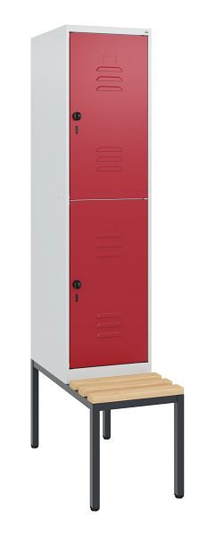 C+P Doppelstöckiger Spind Classic PLUS, Bank, 1950x400x815mm, 7035/3003, Drehriegel, Sitzleisten aus Buche, mit untergebauter Sitzbank, 0803505-12 S10001