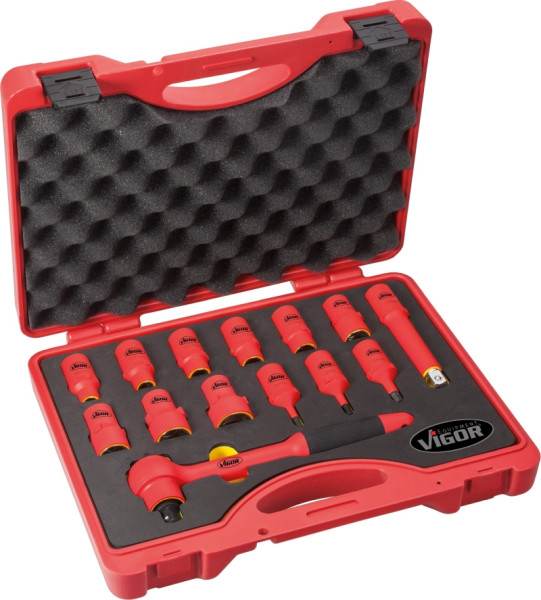 VIGOR VDE-dopsleutelset, hol vierkant 12,5 mm (1/2 inch), buitenzeskantprofiel, binnenzeskantprofiel, 5 - 24, VDE geïsoleerd tot 1000 V, V3343