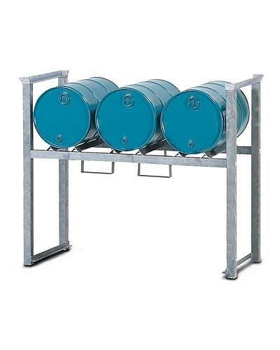 DENIOS stapelrek ARL 5 van staal, verzinkt, voor 3 vaten van elk 60 liter, met steunrails, 182-579