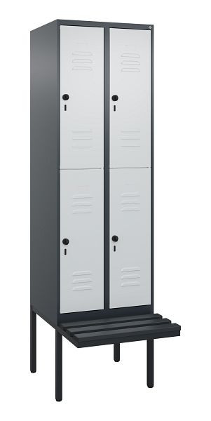 C+P Doppelstöckiger Spind Classic PLUS, 2 Abteile, 2120x600x815mm, 7016/7035, Drehriegel, mit Untergestell und schwebender Sitzfläche, 0803407-20 S10118