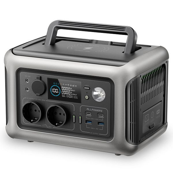 ALLPOWERS draagbare krachtcentrale, 299 Wh LiFePO4-batterij met 2x 600 W (1200 W piek) AC-uitgang zonnegenerator, R600