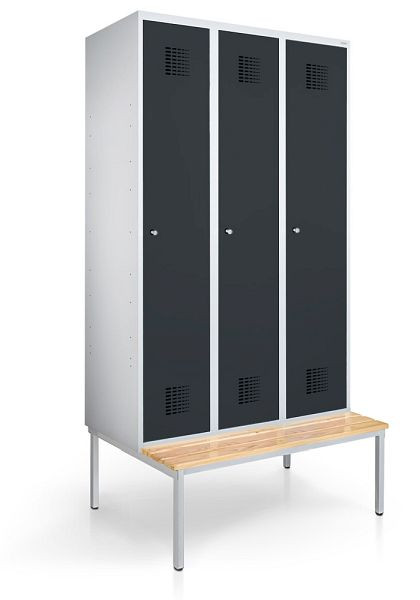 KEMMLIT lockerkast met 3 vakken 30cm met bank, antracietgrijs 7016, draaibare sluiting, 100081