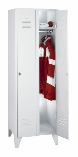 KLW stalen kledingkast met poten, 1850 x 600 x 500 mm H x B x D, 2 vakken, 2 kapstokken, 2 kledingroedes met elk 3 kledinghaken, 08/92-SA