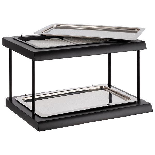 APS buffetvitrine -DOUBLE DECKER-, 60 x 41 x 36 cm, set: 2x houten kist met bakje, 2x GN 1/1 bak 18/10 RVS, 4 verchroomde spijlen, 4 koelelementen, 11547