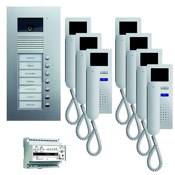 TCS deurbediening video: pack UP voor 7 wooneenheden, met voordeurstation AVU 7 belknoppen, 7x videodeurtelefoon IVH3222, bediening, PVU1670-0010