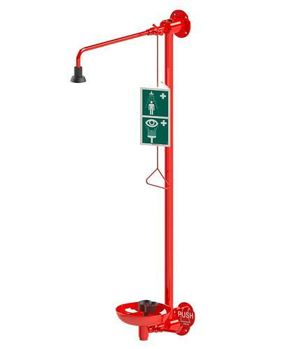 B-SAFETY lichaamsdouche met oogdouche met opvangbak, rood, wandmontage, 5/4" voor circulatie, DVGW, 306268