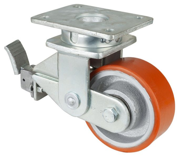 BS-wielen Veerbelaste zwaarlastwielen met rem, breedte 50 mm, Ø125 mm, tot 550 kg, polyurethaan gegoten 95 Shore A, gegoten lichaam, kogellagers, T120.C10.125