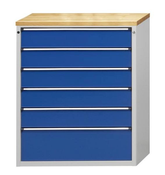 ANKE gereedschapskast; 1060 x 675 x 1280 mm; RAL 7035/5010; Kuip met antislipmat; 6 laden 180, 180, 180, 180, 180, 300 mm, 610.504