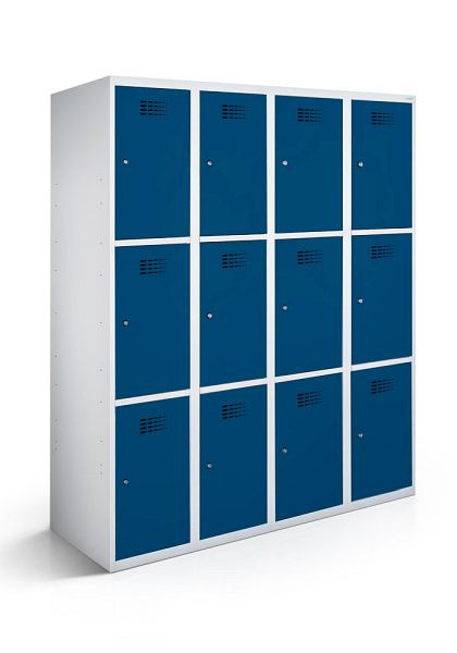 KEMMLIT lockerkast met 4 vakken en 12 deuren 30cm met gesloten bodem, gentiaanblauw 5010, cilinderslot, 100605