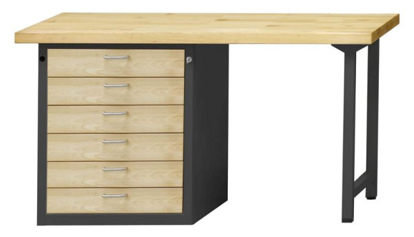 ANKE combinatie werkbank; 1500x700 mm; RAL 7016 / natuurlijk gewaxt beuken; Beuk massieve plaat; Linker onderkast (V-BL) 660x615 mm, 6 laden, model 813 VH