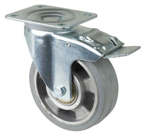 BS rollen transportrol met rem, breedte 40 mm, Ø125 mm, tot 300 kg, grijze elastische banden, aluminium wiellichaam, kogellagers, LB520.B83.125