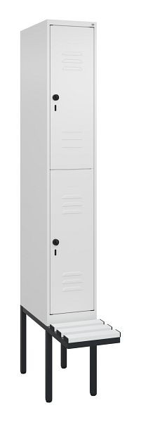 C+P Doppelstöckiger Spind Classic PLUS, 2120x300x815mm, 9016/9016, Drehriegel, mit Untergestell und schwebender Sitzfläche, 0803407-10 S10119