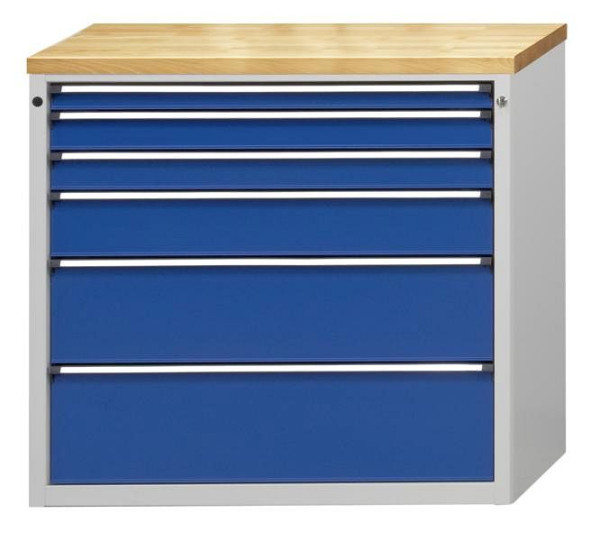 ANKE gereedschapskast; 1065 x 700 x 1020 mm; RAL 7035/5010; Massief beuken blad 40 mm; 6 laden 60, 90, 90, 150, 240, 270 mm, 610.411