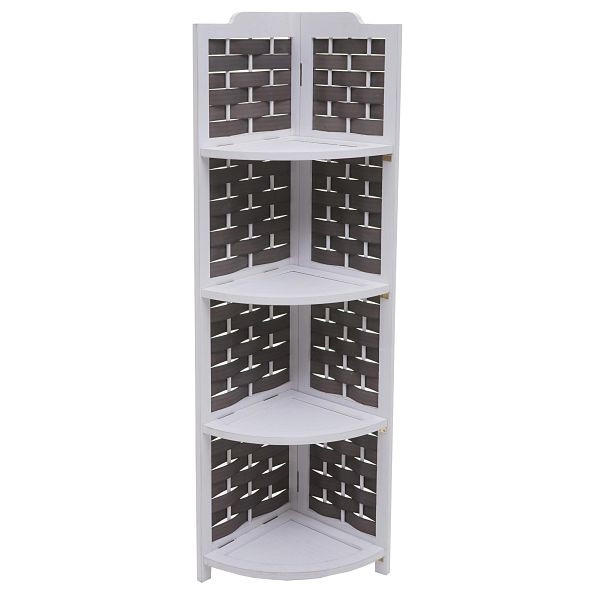 Mendler hoekplank HWC-K85, plankstandaard, opvouwbaar 4 planken, paulowniahout 110cm, wit, gevlochten antraciet, 97657