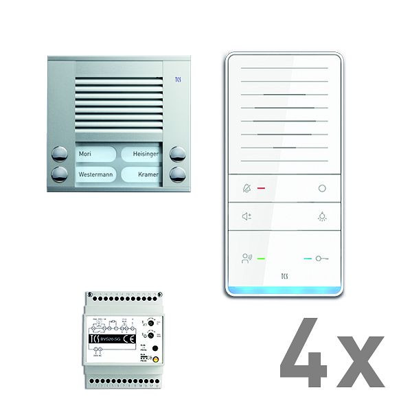 TCS deurbediening audio: pack AP voor 4 wooneenheden, met buitenpost PES 4 belknoppen, 4x handsfree luidspreker ISW5031, bedieningseenheid BVS20, PAAF042 / 001
