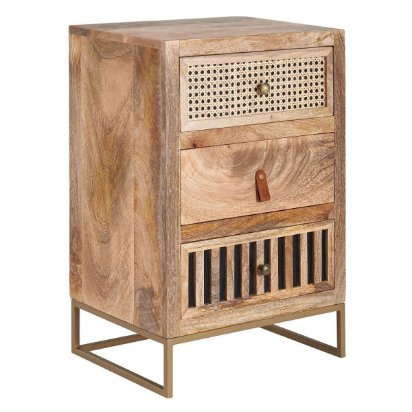 Wohnling nachtkastje Mango massief hout / metaal 40x60x30 cm nachtkastje boxspringbed, design nachtconsole met 3 laden, WL6.482