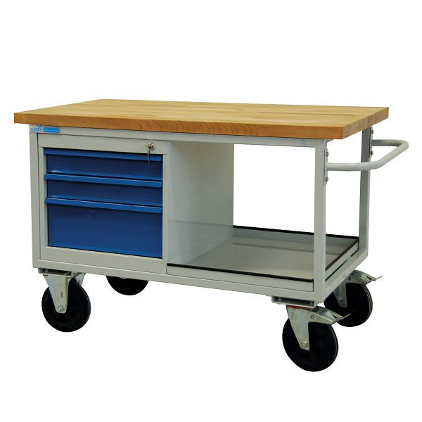 ADB verrijdbare werkbank "tafelwagen type" 3 laden + plank, 840x1300x600 mm, tafelwagen: lichtgrijs, RAL 7035, laden: lichtblauw (RAL 5012), 42745
