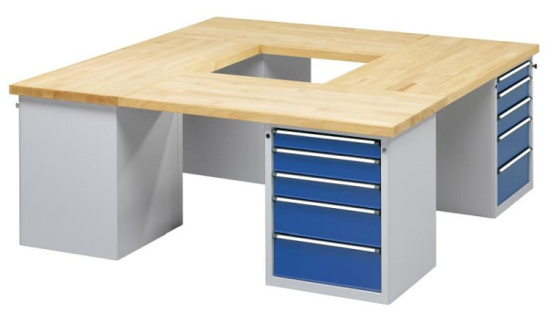 ANKE groepswerkbank met 4 hoeken; 4 werkplekken; 2140x2140 mm; RAL 7035/5010; Massief beuken blad 50 mm
