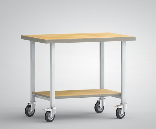 KLW zijwerkbank - 1000 x 700 x 840 mm met beuken multiplex plank 1000 x 700 x 40 mm, verrijdbaar, met 4 zwenkwielen 125 mm Ø, WS819N-1000M40-X7003