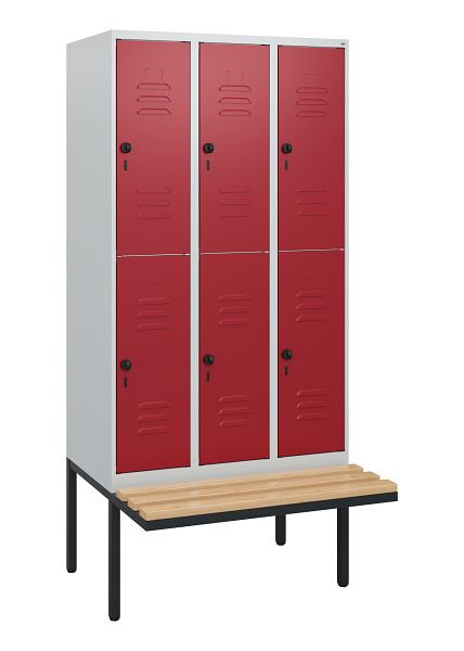 C+P Doppelstöckiger Spind Classic PLUS, 3 Abteile, 1950x900x815mm, 7035/3003, Drehriegel, Sitzleisten aus Buche, schwebende Sitzfläche, 0803405-30 S10001