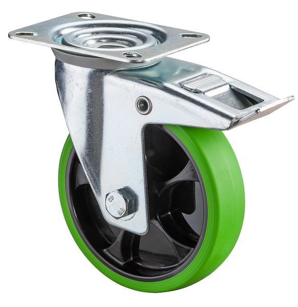 BS rollen transportwiel zwenkwiel met rem, thermoplastisch rubberen wiel, groene band, rollager, plaat, 125 mm, VE = 2 stuks, L420.B44.126.04