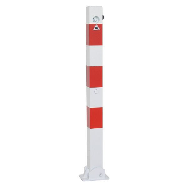 Schake afzetpaal, stalen buis, 70 x 70 mm, opklapbaar, met driehoekslot, voor plugbevestiging met voetplaat, 470UDB