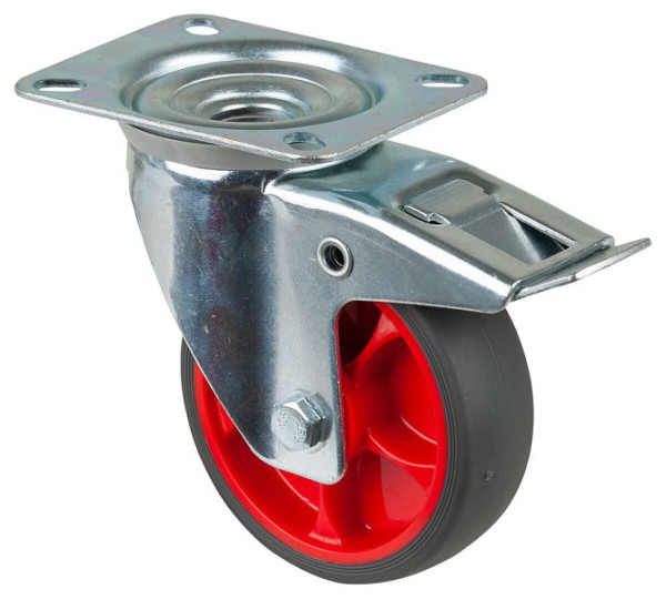 BS rollen transportwiel zwenkwiel met rem, thermoplastisch rubberen wiel, grijze band, rollager, plaat: 100 mm, VE 4 stuks, L420.B44.101.03
