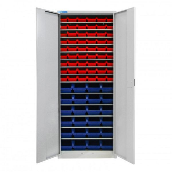 ADB draaideurkast met 78 zichtbare opbergdozen en planken, afmetingen BxLxH: 170x240x126 mm, kleur: blauw, kleur: rood, 40826