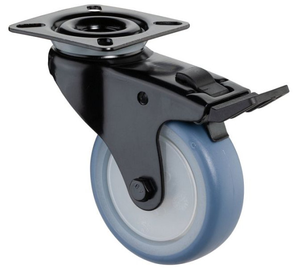 BS Castors Zwenkwiel met zwarte rem, thermoplastisch rubberen wiel lichtblauw, kogellager, plaat, diameter: 75 mm, verpakking: 4 stuks, A820.A85.075.05