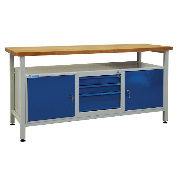 ADB werkbank 3 laden + 2 deuren, plank, afmetingen: LxBxH 1700x600x840 mm, werktafel: lichtgrijs, RAL 7035, kleur deur/lade: lichtblauw (RAL 5012), 42753