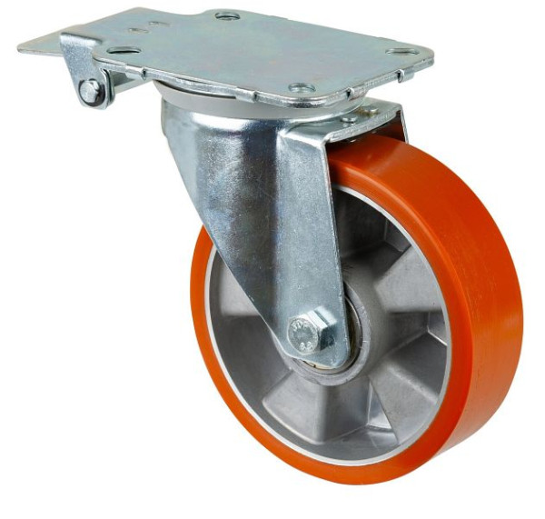 BS Wielen Zwenkwiel met centrale rem, polyurethaan wiel, aluminium velg, kogellager, plaat, 83 Shore A, diameter: 200 mm, L440.B90.200