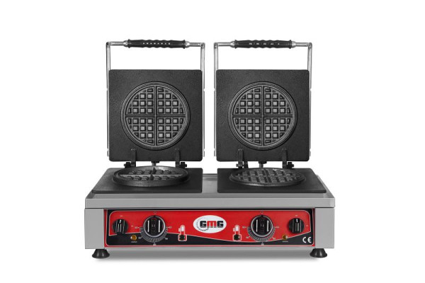 GMG Amerikaans wafelijzer, 2x (Ø 16 x 1,5cm), 50° tot 300°C vaste gietijzeren bakplaat, rondomlopende vetvanggoot, RVS behuizing, KGW-26
