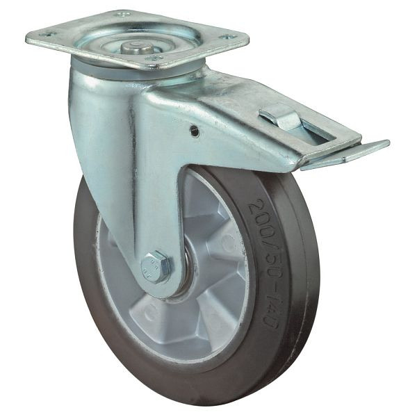 BS Rolls Zwaarlastwiel met rem, breedte 50 mm, Ø125 mm, tot 220 kg, zwarte elastische banden, aluminium wiellichaam, kogellagers, L620.B80.125