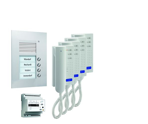 TCS deurbedieningssysteem audio: pack UP voor 4 wooneenheden, met buitenpost PUK 4 belknoppen, 4x deurtelefoon ISH3030, bedieningseenheid BVS20, PPU04-EN / 02