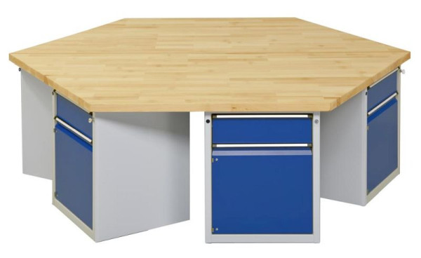 ANKE zeshoekige groepswerkbank; 6 werkplekken; 2340x2700 mm; RAL 7035/5010; Massief beuken blad 50 mm; Randlengte 1350 mm, model 601 VG